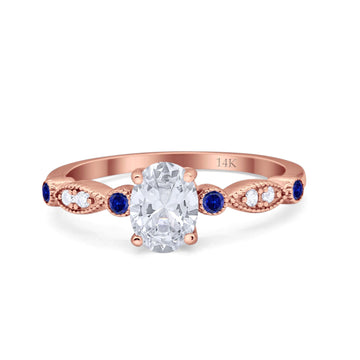 14K Rose Gold Vintage Style Oval Bridal Blue Sapphire Simulated CZ Wedding Engagement Ring Size 7